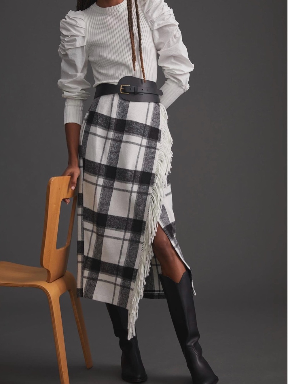 Anthropologie Black & White Plaid Fringe Wrap Midi Skirt